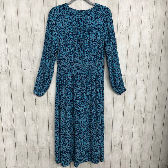 LOFT Blue Long Sleeve Lightweight Floral Button Front Flowy V Neck Shirt Dress 6 - Picture 2 of 9